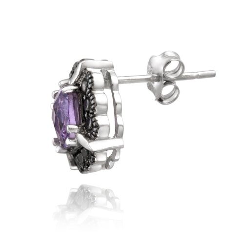 Sterling Silver Amethyst & Black Diamond Accent Stud Earrings-2