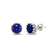 Sterling Silver Created Blue Sapphire Crown Stud Earrings