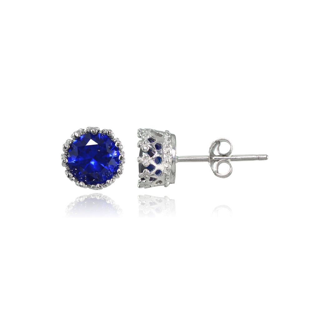 Sterling Silver Created Blue Sapphire Crown Stud Earrings-2
