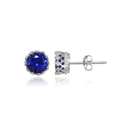 Sterling Silver Created Blue Sapphire Crown Stud Earrings