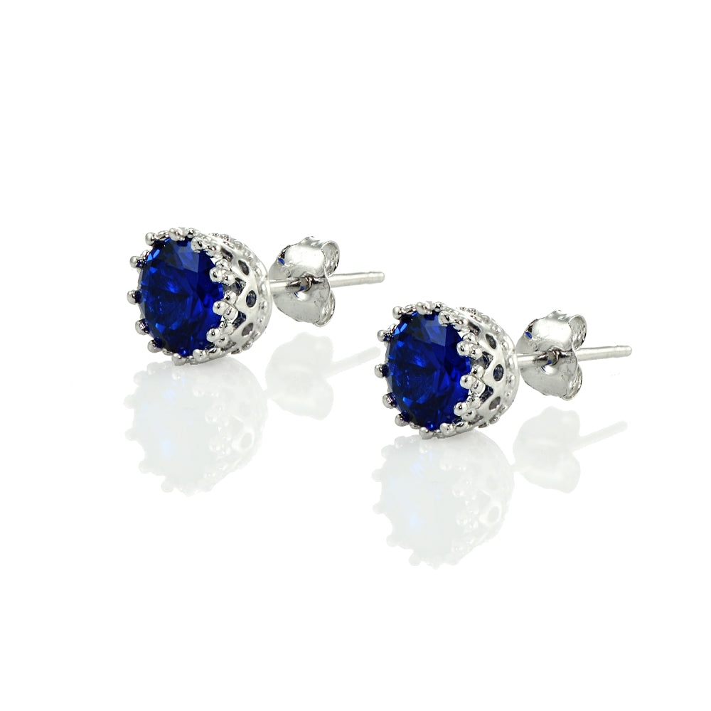 Sterling Silver Created Blue Sapphire Crown Stud Earrings-3
