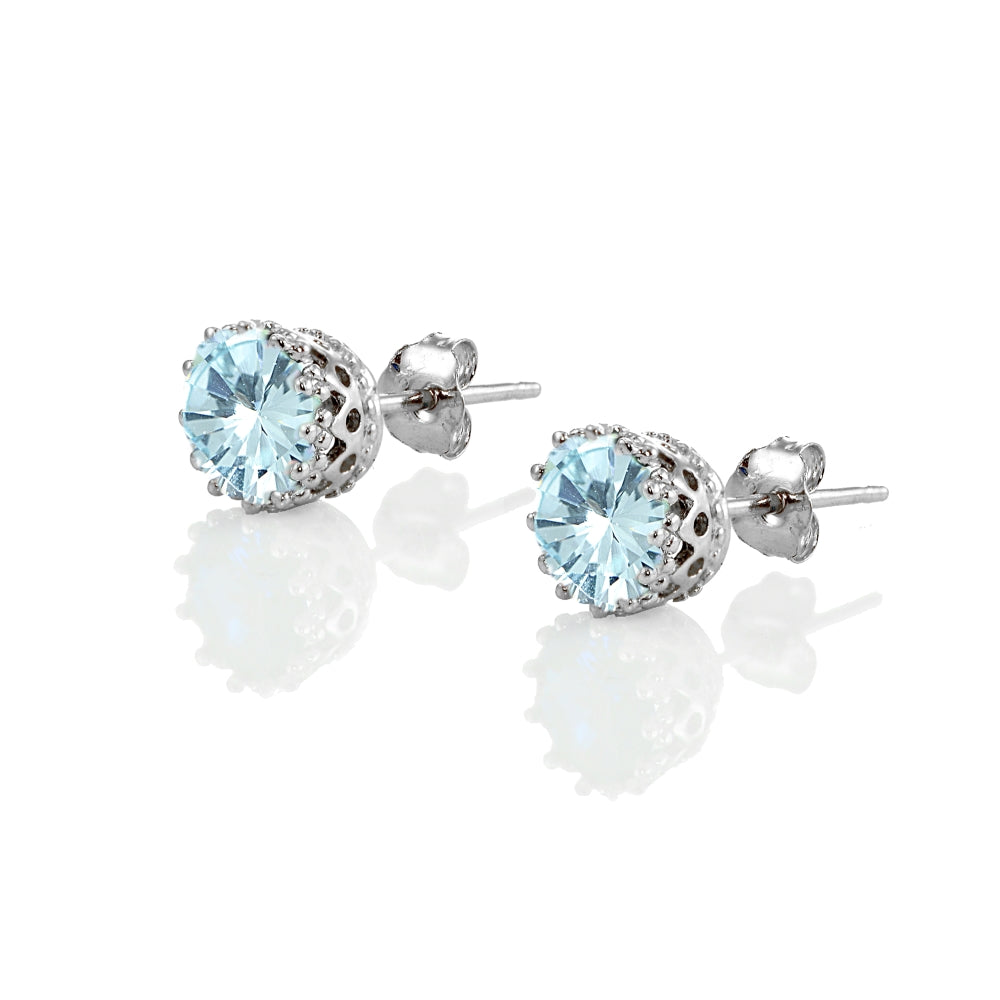 Sterling Silver Blue Topaz Crown Stud Earrings-2