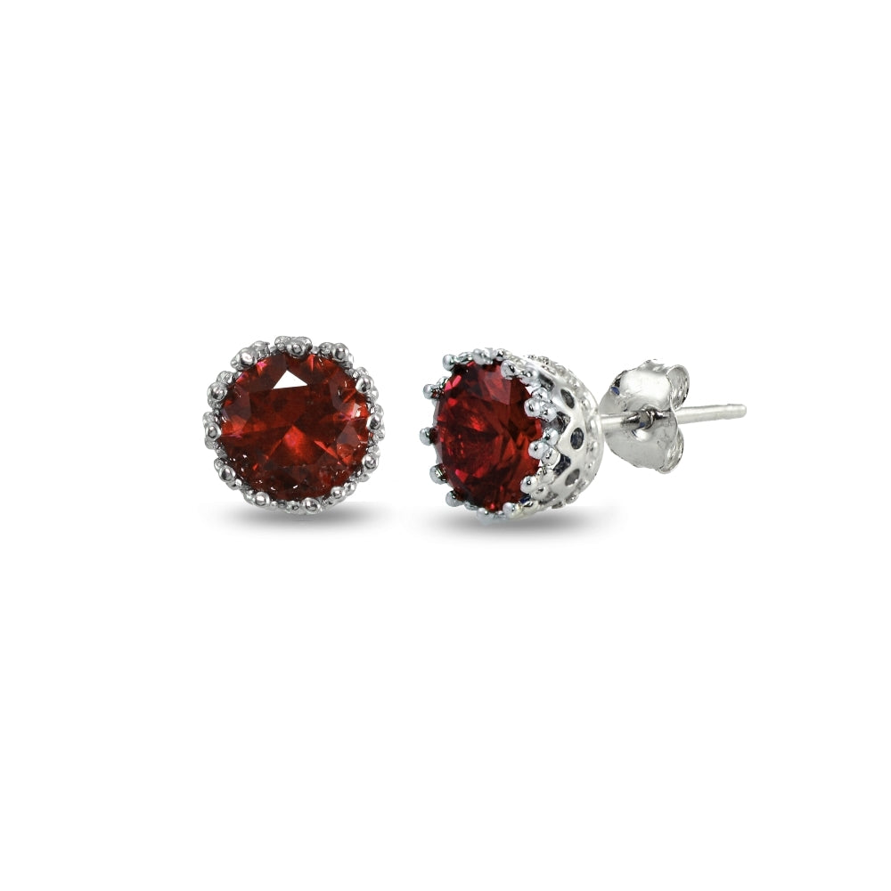 Sterling Silver Garnet Crown Stud Earrings