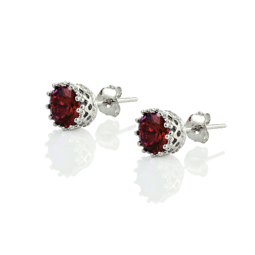 Sterling Silver Garnet Crown Stud Earrings-2