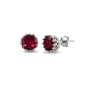 Sterling Silver Created Ruby Crown Stud Earrings