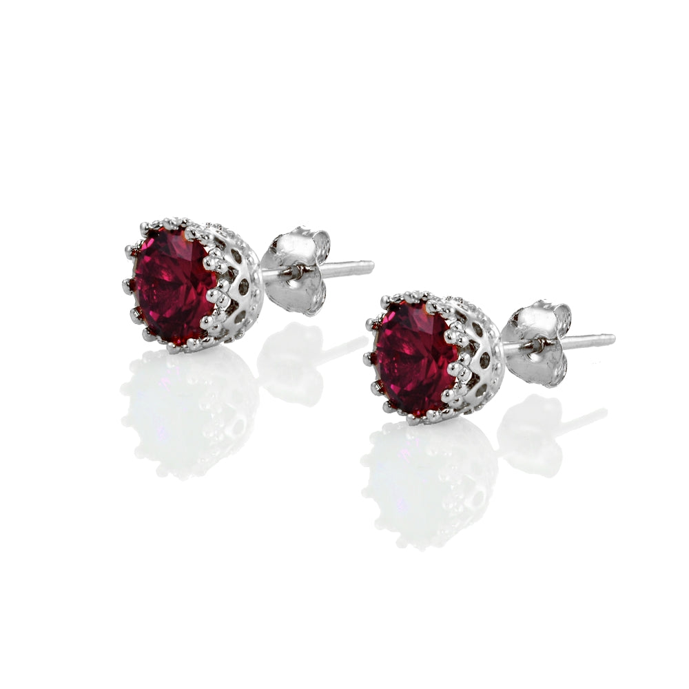 Sterling Silver Created Ruby Crown Stud Earrings-2