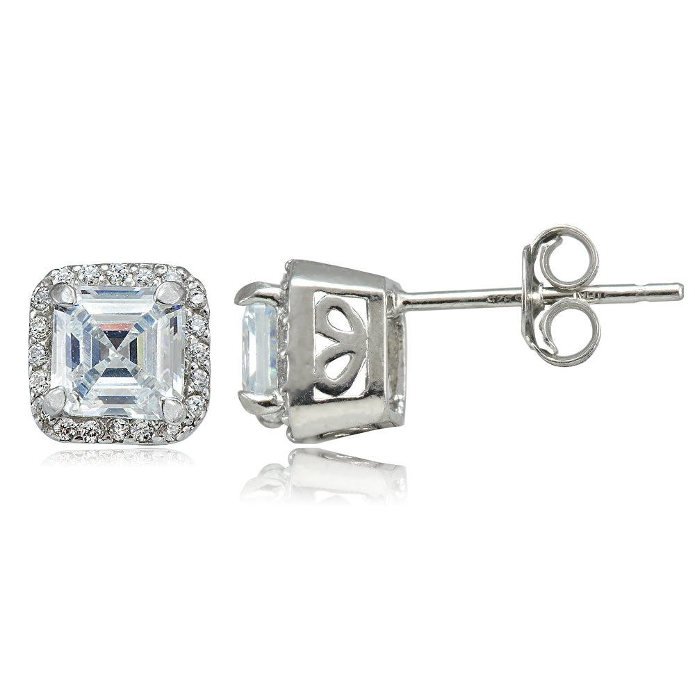 Sterling Silver Asscher-Cut Cubic Zirconia Stud Earrings-2