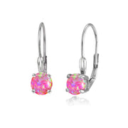 Sterling Silver Created Pink Opal 6mm Round Leverback Earrings
