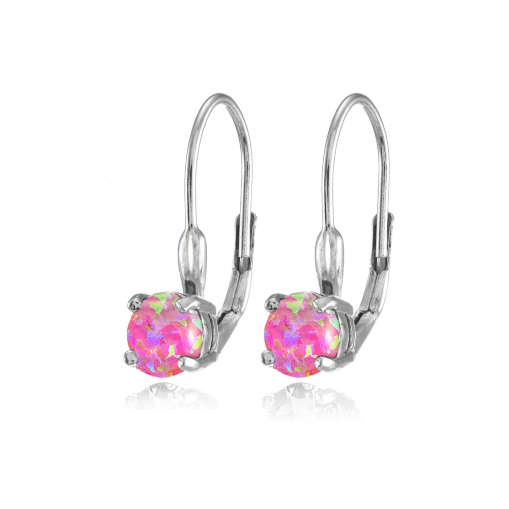 Sterling Silver Created Pink Opal 6mm Round Leverback Earrings-2