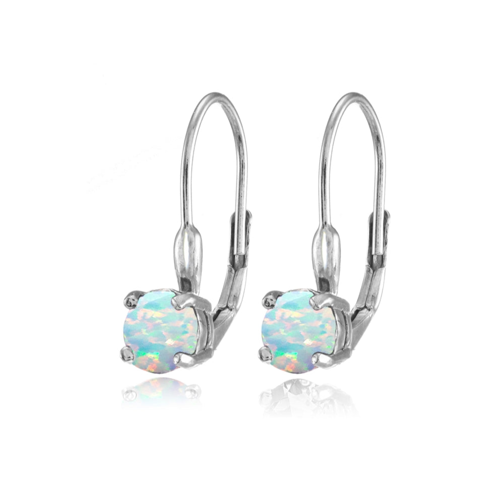 Sterling Silver Created White Opal 6mm Round Leverback Earrings-2
