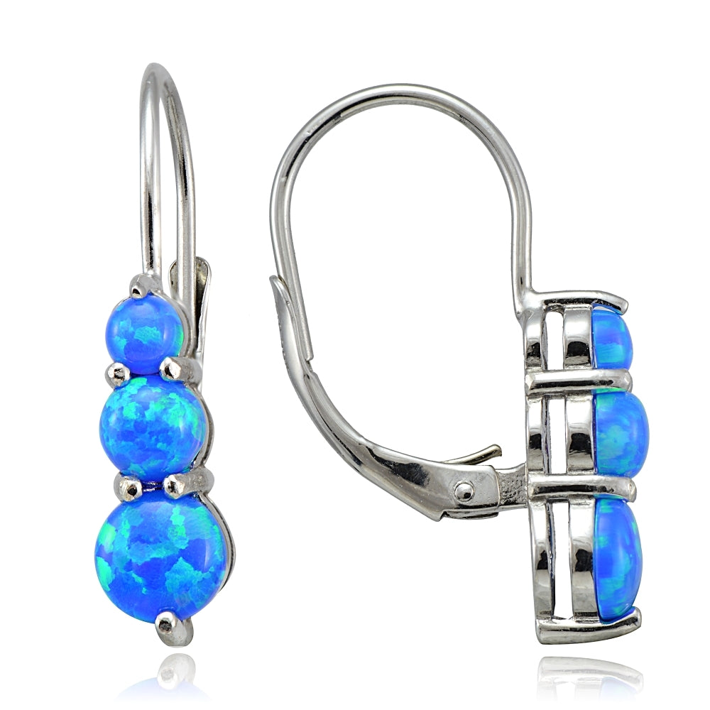 Sterling Silver Created Blue Opal Three Stone Drop Earrings