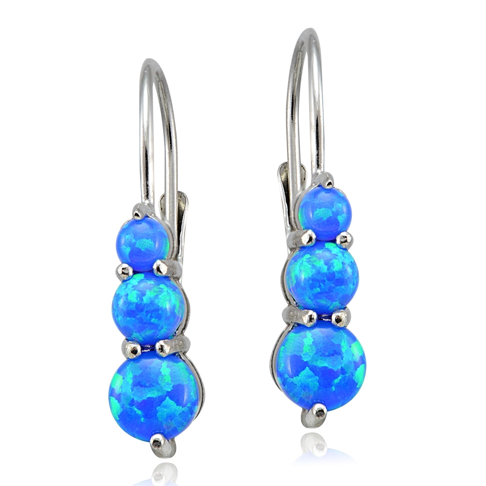 Sterling Silver Created Blue Opal Three Stone Drop Earrings-2