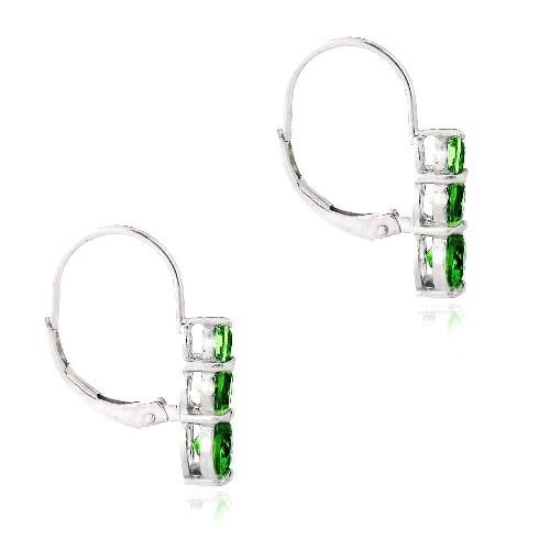 Sterling Silver 2ct Created Emerald Three Stone Drop Earrings-2