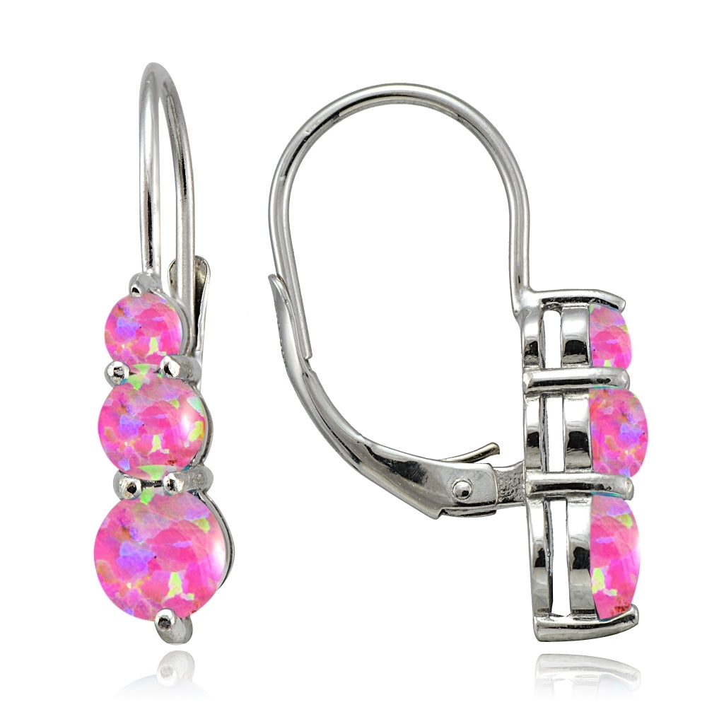 Sterling Silver Created Pink Opal Three Stone Drop Earrings