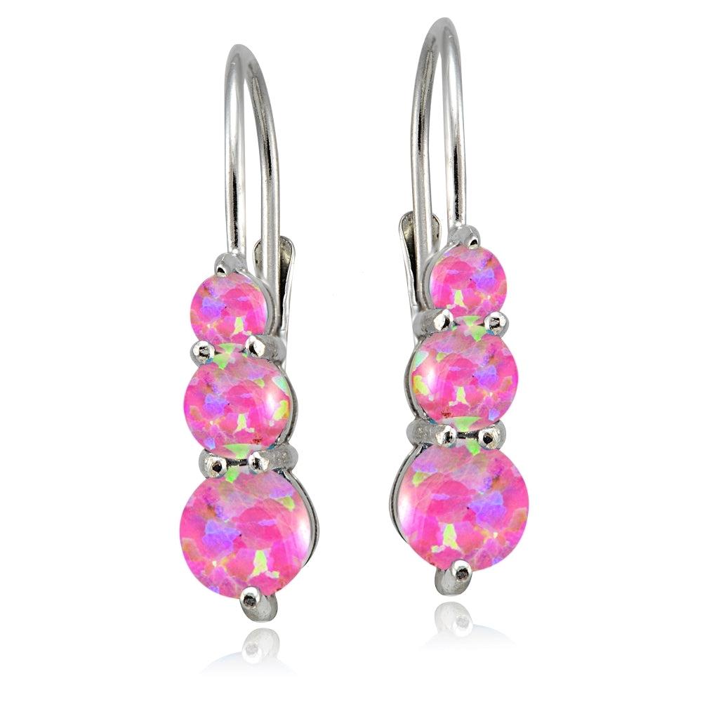 Sterling Silver Created Pink Opal Three Stone Drop Earrings-2