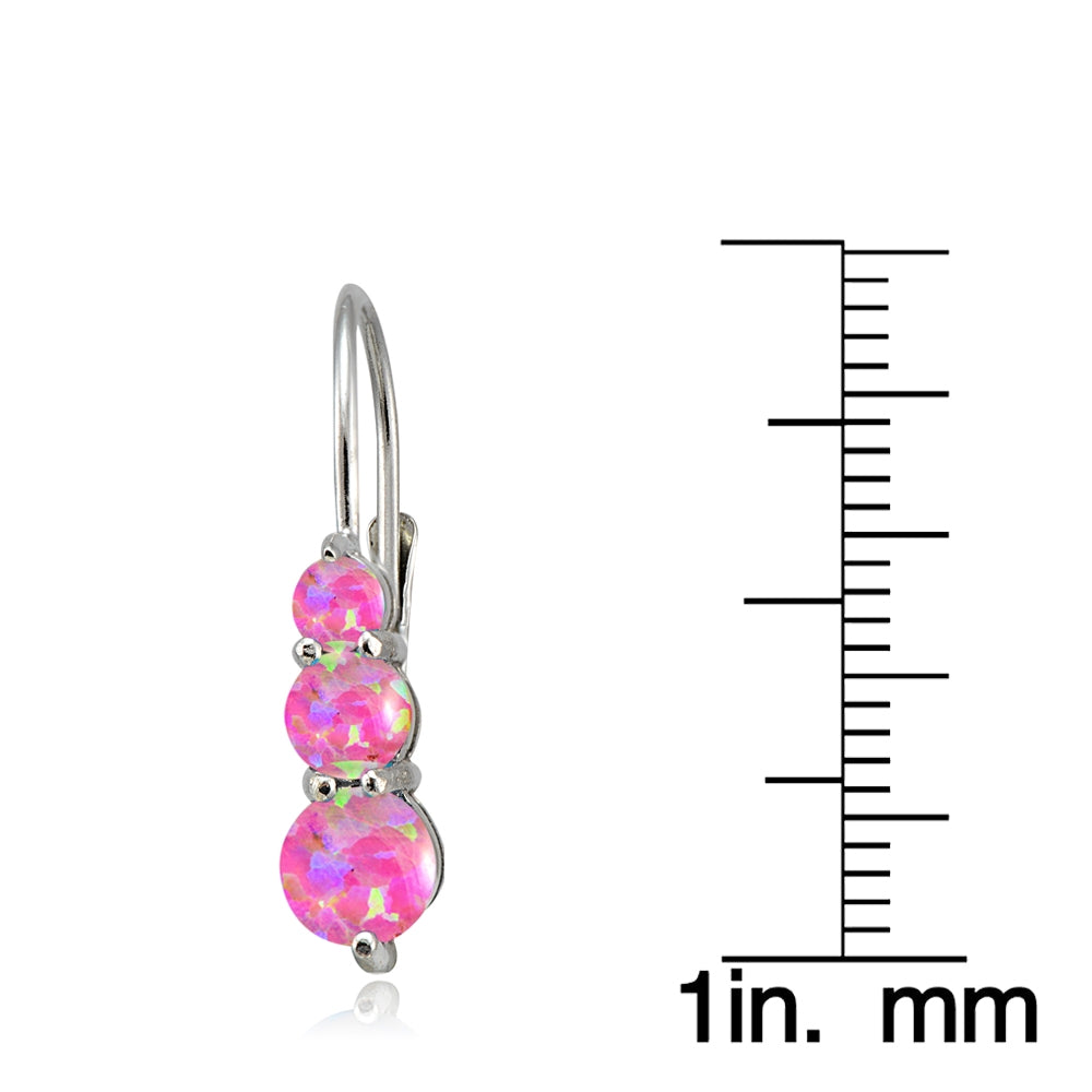 Sterling Silver Created Pink Opal Three Stone Drop Earrings-3