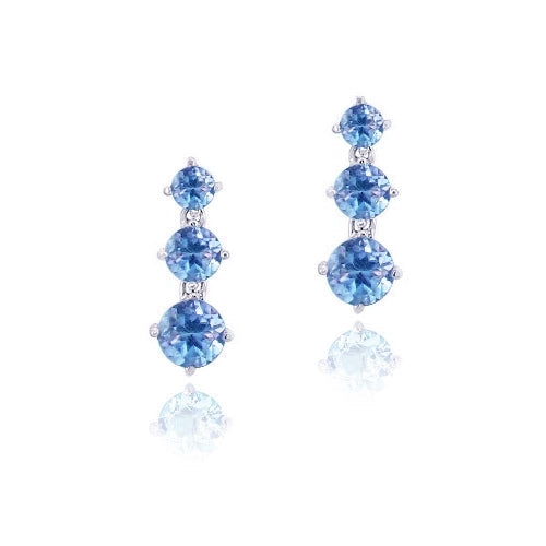 Sterling Silver 3ct Created Blue Sapphire Three Stone Dangle Earrings