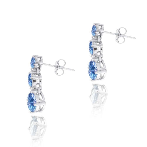 Sterling Silver 3ct Created Blue Sapphire Three Stone Dangle Earrings-2