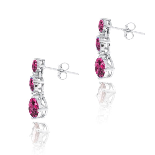 Sterling Silver 3ct Created Ruby Three Stone Dangle Earrings-2