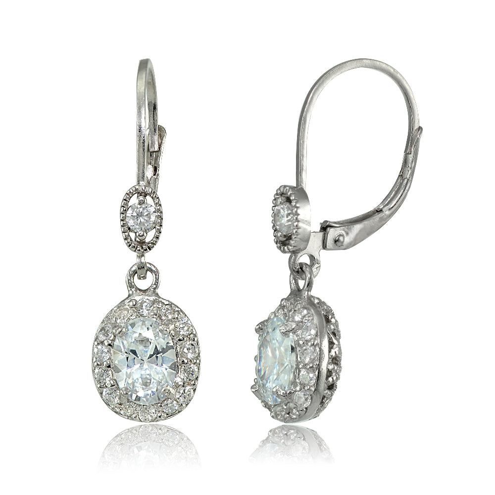 Sterling Silver Cubic Zirconia Oval Dangle Leverback Earrings