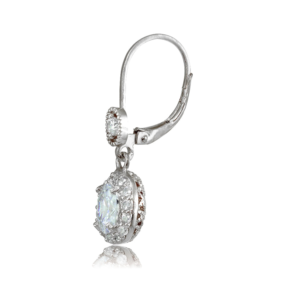 Sterling Silver Cubic Zirconia Oval Dangle Leverback Earrings-2