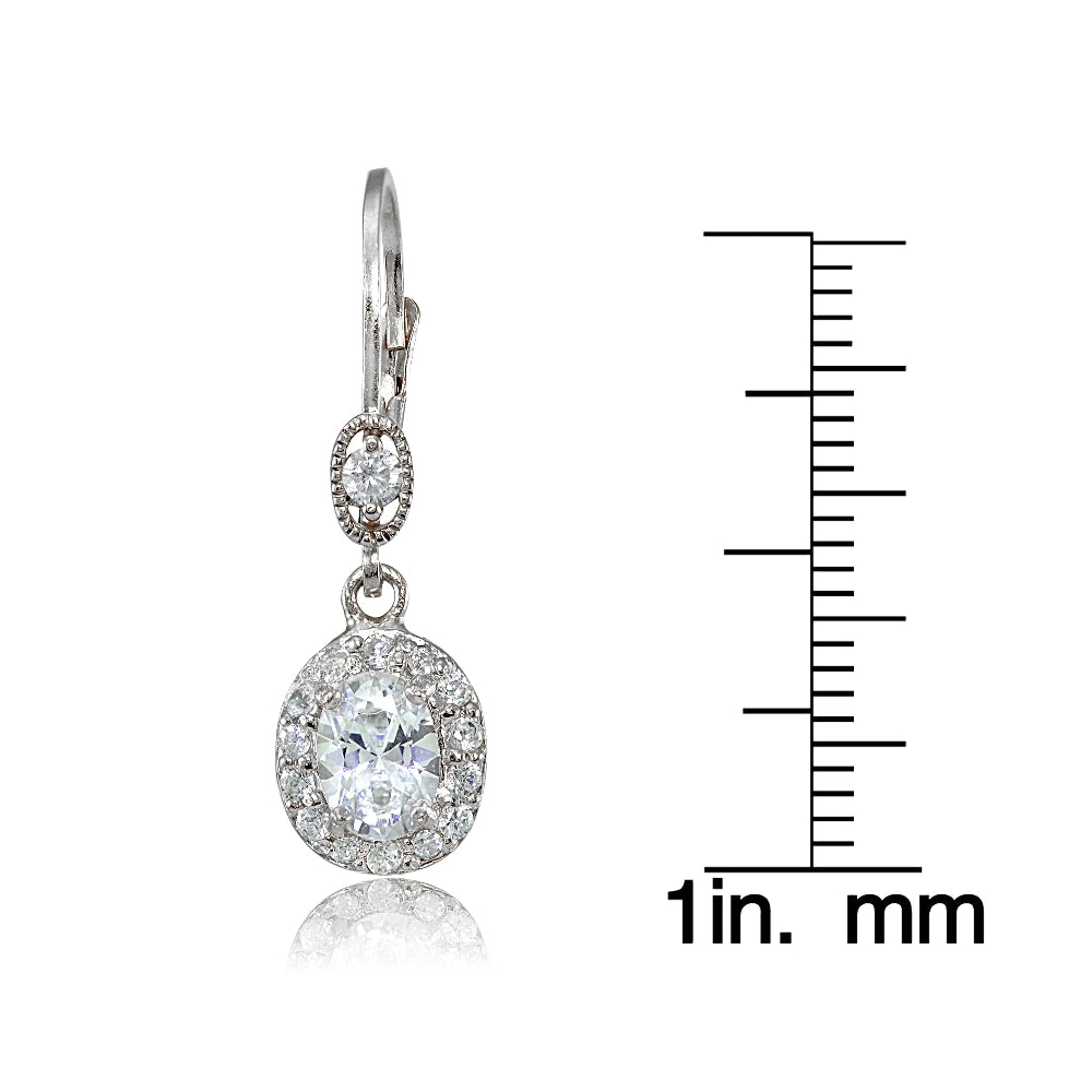 Sterling Silver Cubic Zirconia Oval Dangle Leverback Earrings-3