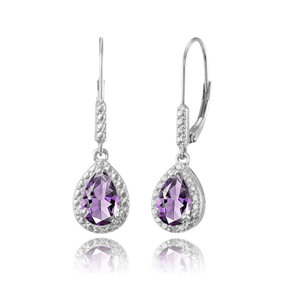 Sterling Silver Amethyst Teardrop Dangle Leverback Earrings