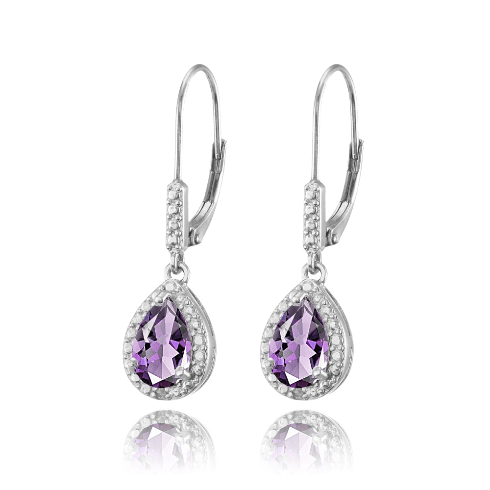 Sterling Silver Amethyst Teardrop Dangle Leverback Earrings-2