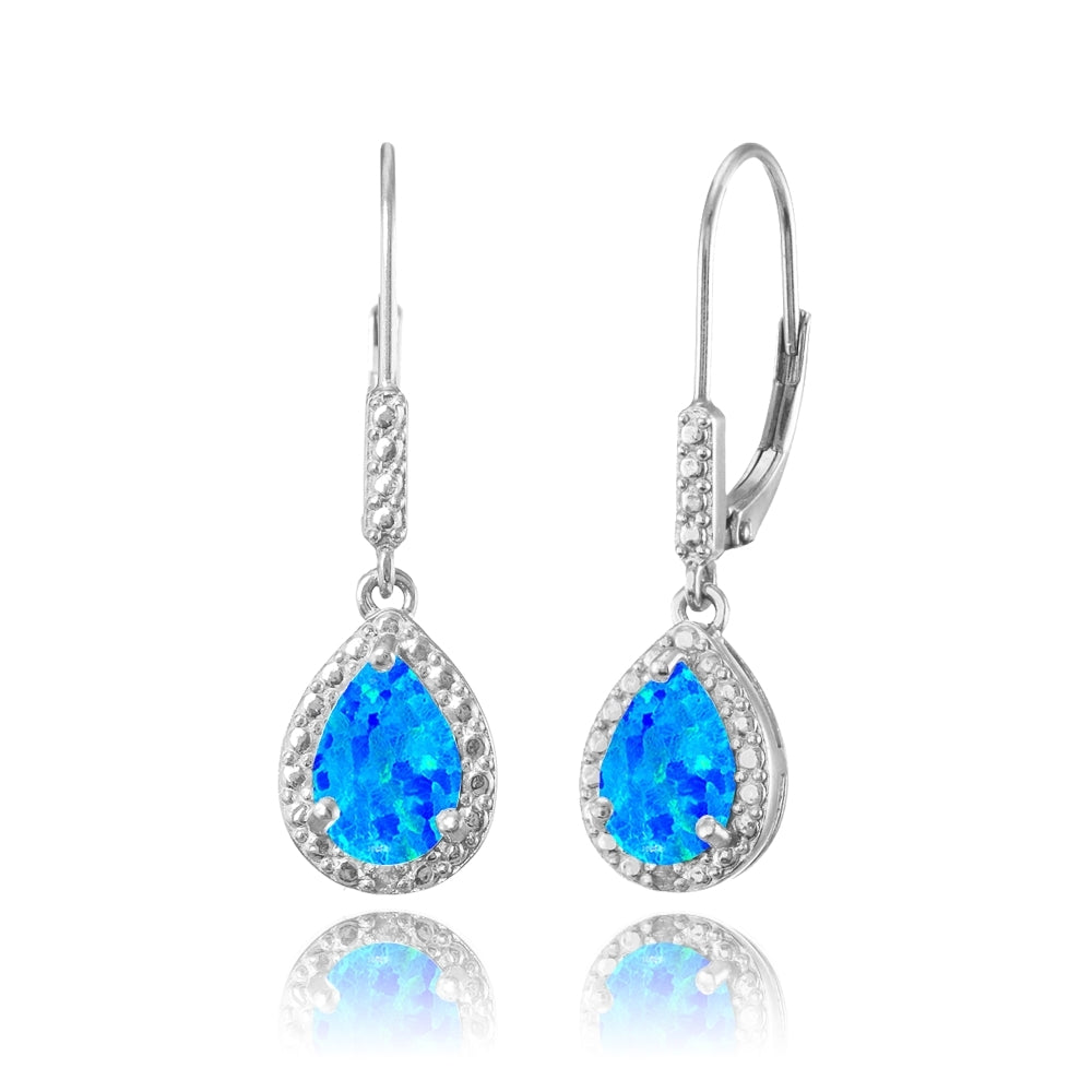 Sterling Silver Created Blue Opal Teardrop Dangle Leverback Earrings