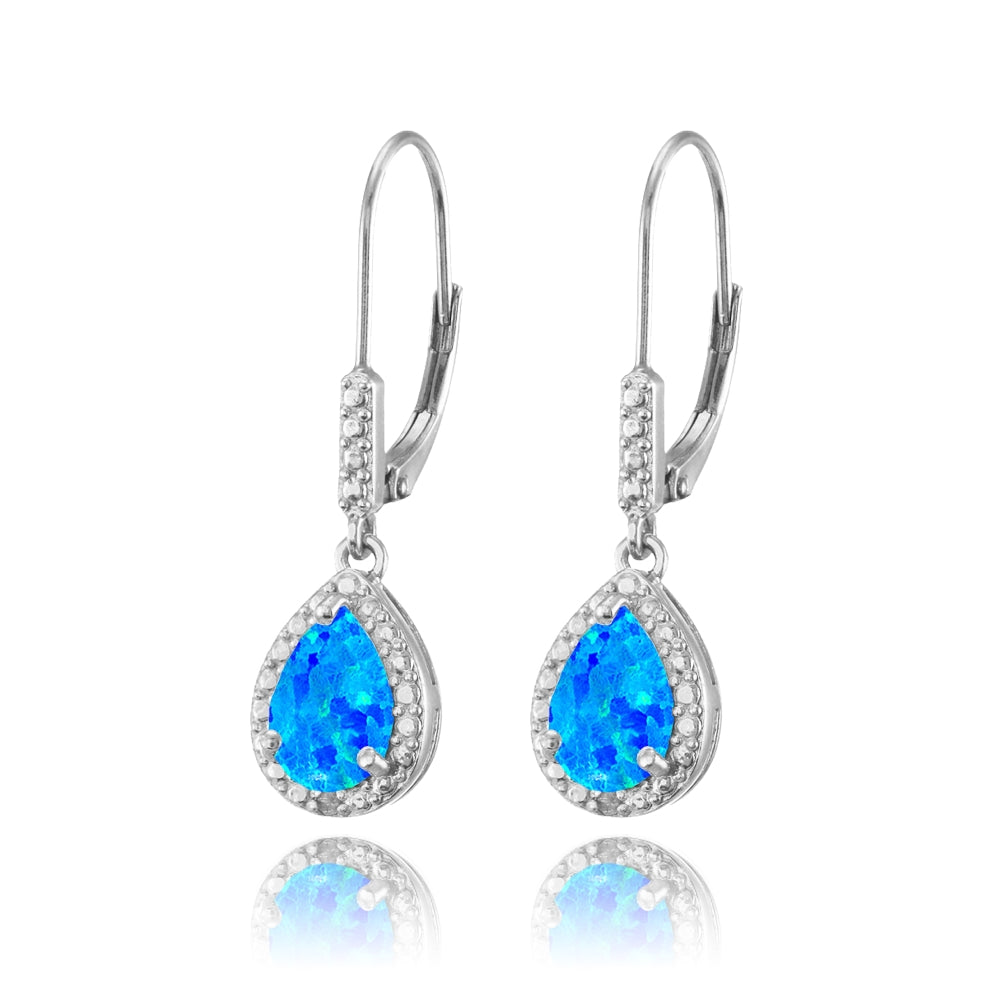 Sterling Silver Created Blue Opal Teardrop Dangle Leverback Earrings-2