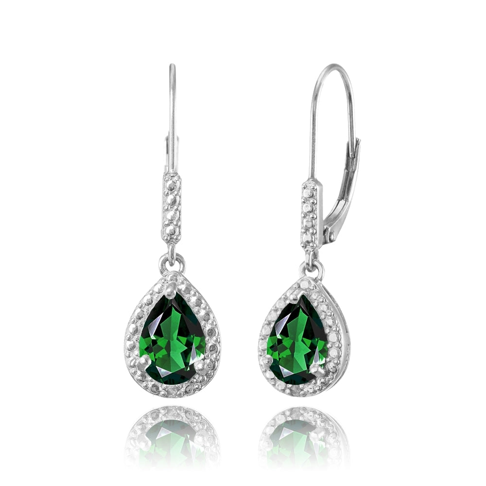 Sterling Silver Simulated Emerald Teardrop Dangle Leverback Earrings