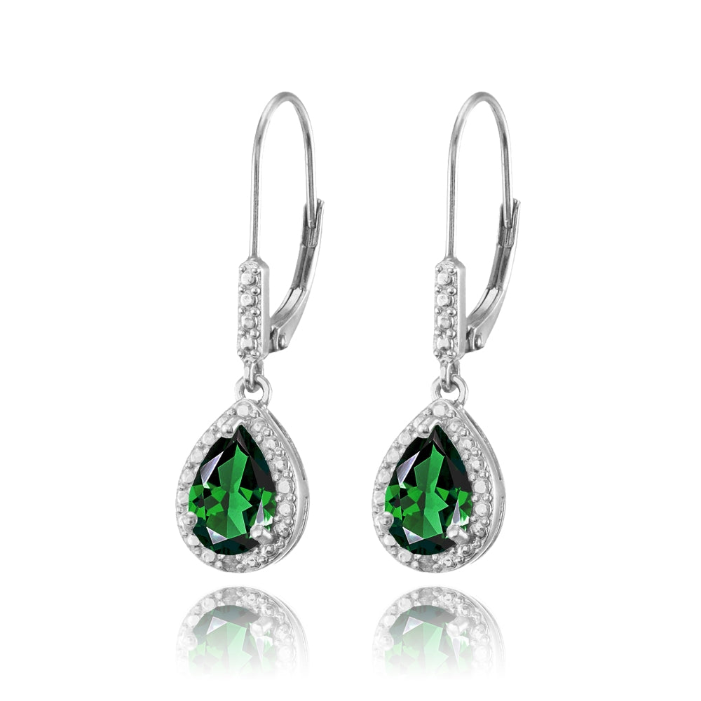 Sterling Silver Simulated Emerald Teardrop Dangle Leverback Earrings-2