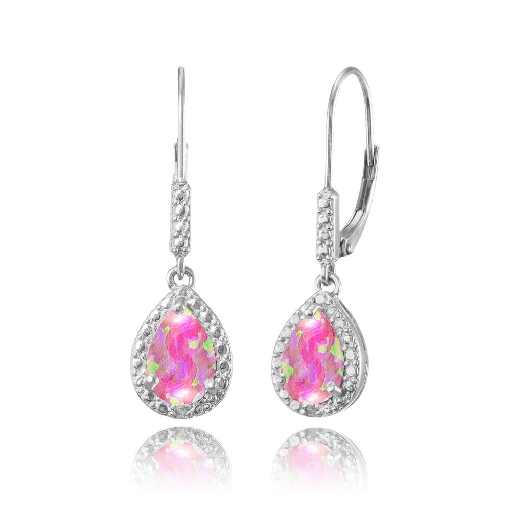 Sterling Silver Created Pink Opal Teardrop Dangle Leverback Earrings