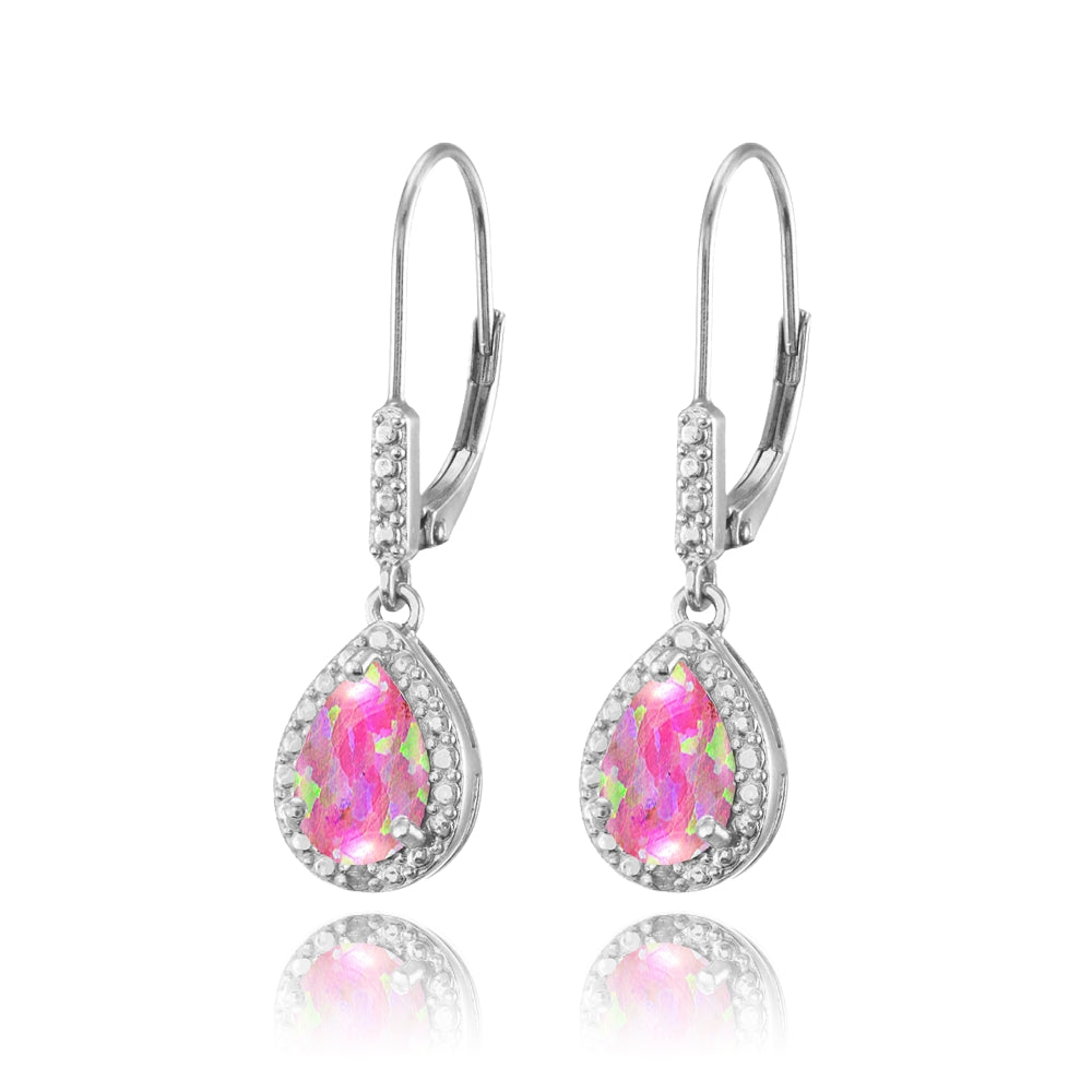 Sterling Silver Created Pink Opal Teardrop Dangle Leverback Earrings-2