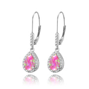 Sterling Silver Created Pink Opal Teardrop Dangle Leverback Earrings