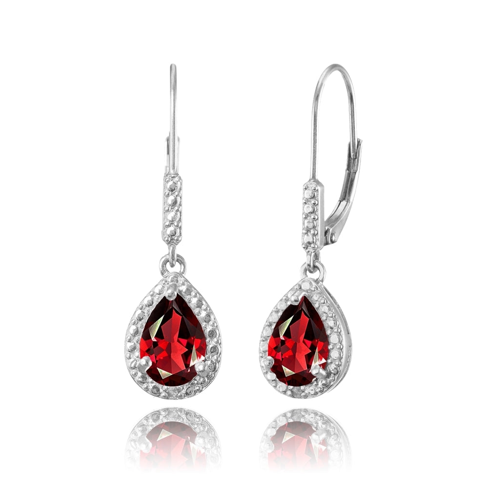 Sterling Silver Created Ruby Teardrop Dangle Leverback Earrings