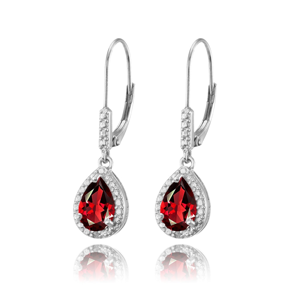 Sterling Silver Created Ruby Teardrop Dangle Leverback Earrings-2