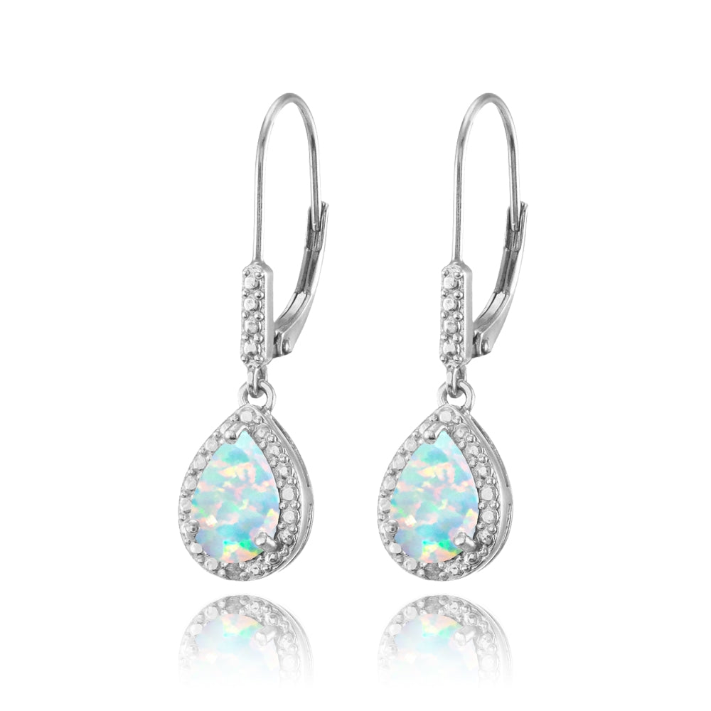Sterling Silver Created White Opal Teardrop Dangle Leverback Earrings-2