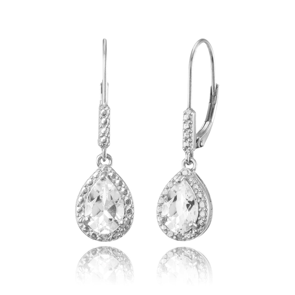 Sterling Silver White Topaz Teardrop Dangle Leverback Earrings