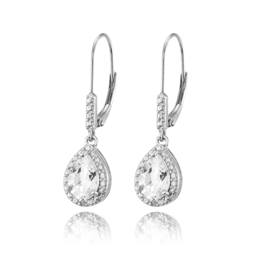 Sterling Silver White Topaz Teardrop Dangle Leverback Earrings-2