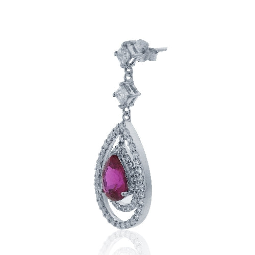 Sterling Silver Created 4ct Ruby & CZ Triple Teardrop Dangle Earrings-2
