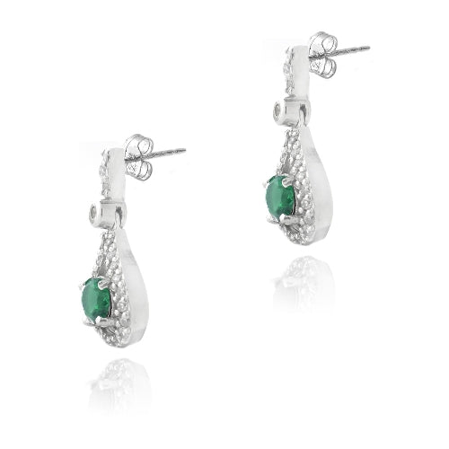 Sterling Silver Round 1ct Created Emerald & CZ Teardrop Dangle Earrings-2