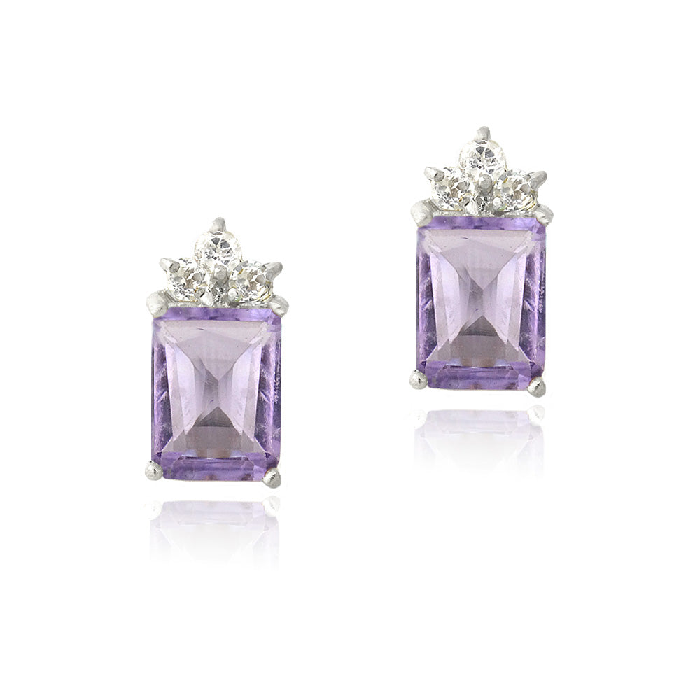 Sterling Silver 3ct Amethyst & 1/3ct White Topaz Emerald-Cut Drop Earrings