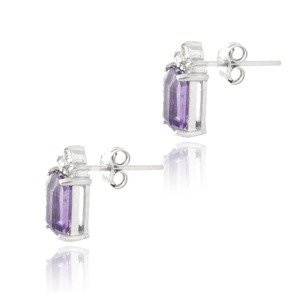 Sterling Silver 3ct Amethyst & 1/3ct White Topaz Emerald-Cut Drop Earrings-2
