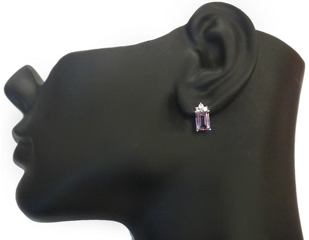Sterling Silver 3ct Amethyst & 1/3ct White Topaz Emerald-Cut Drop Earrings-3