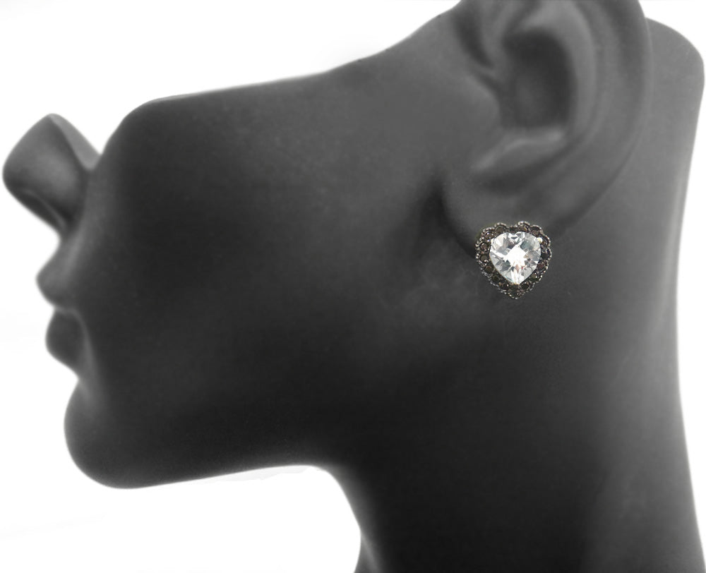Sterling Silver 4.5ct White Topaz & Black Spinel Heart Stud Earrings-4