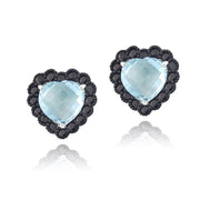 Sterling Silver 4.5ct Blue Topaz & Black Spinel Heart Stud Earrings
