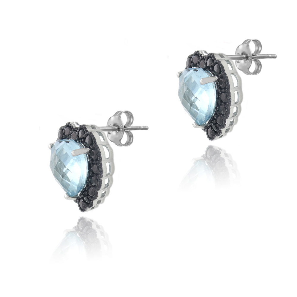 Sterling Silver 4.5ct Blue Topaz & Black Spinel Heart Stud Earrings-2