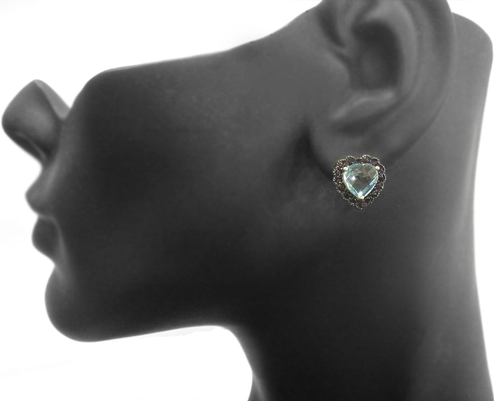 Sterling Silver 4.5ct Blue Topaz & Black Spinel Heart Stud Earrings-4