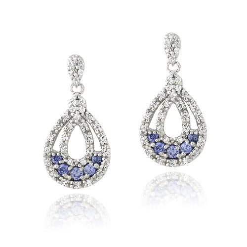 Sterling Silver Tanzanite & Clear CZ Double Teardrop Dangle Earrings